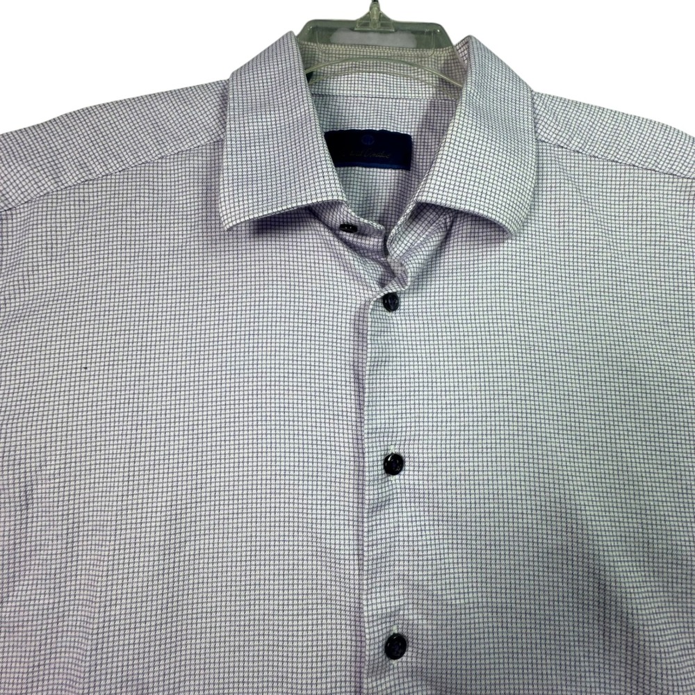 David Donahue Mens‎ 17.5 32/33 Dress Shirt Purple White Micro Check Cotton L/S